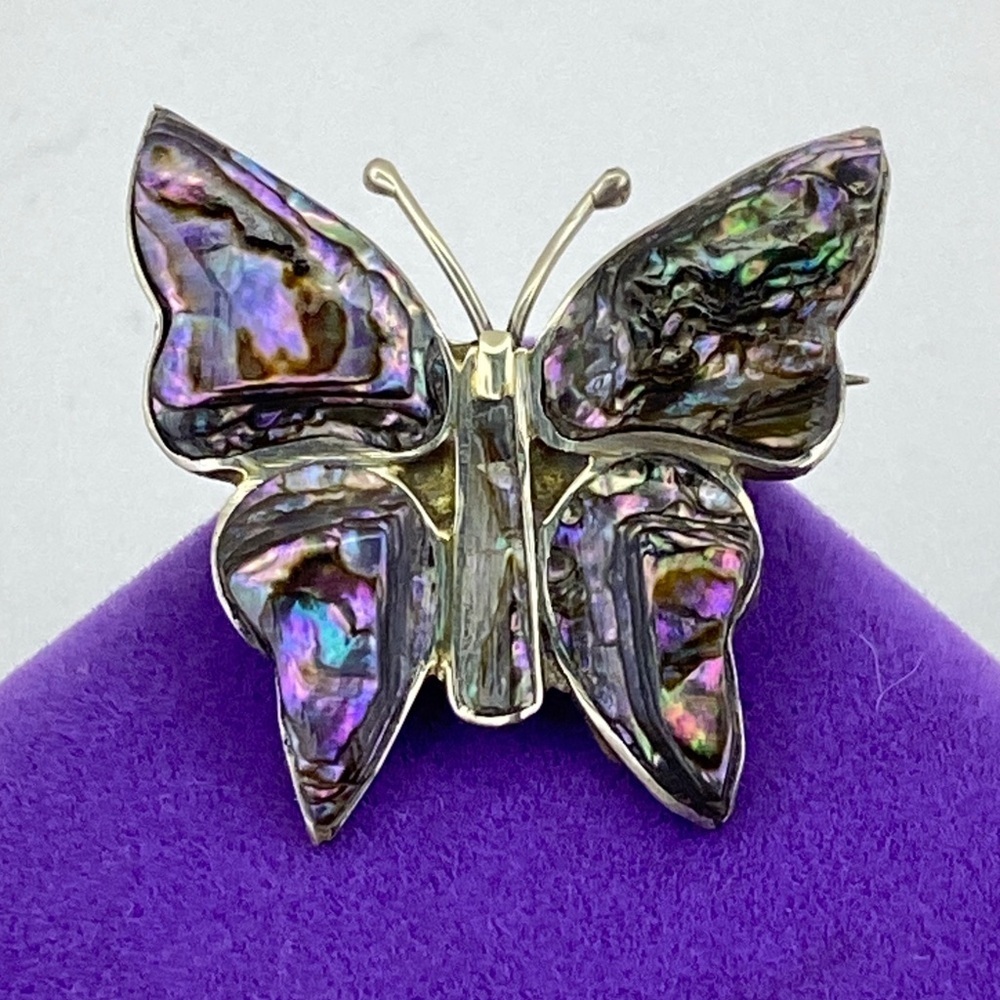 💛 Vintage Alpaca Silver Butterfly Brooch | Iridescent Abalone Shell Inlay